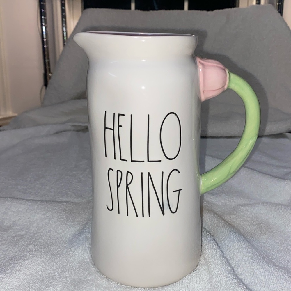 Rae Dunn pitcher or vase Hello Spring, flower handle, 8.5” tall, Easter vibes